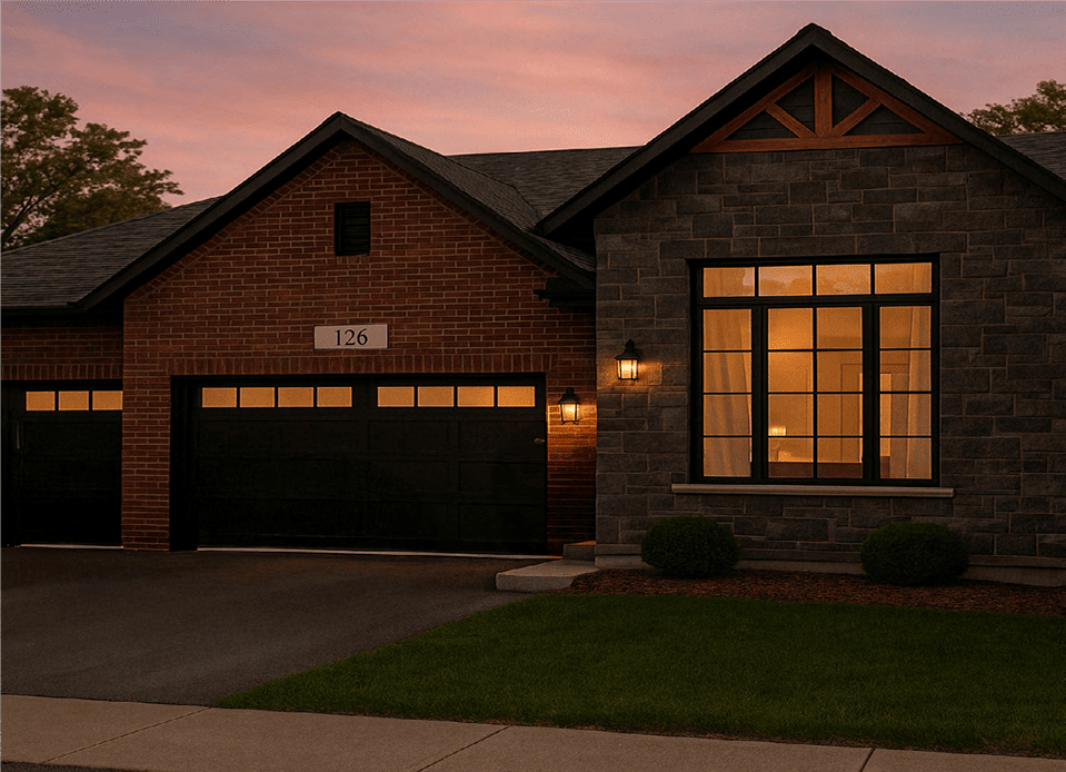 Modern bungalow townhome with stone and brick exterior at dusk